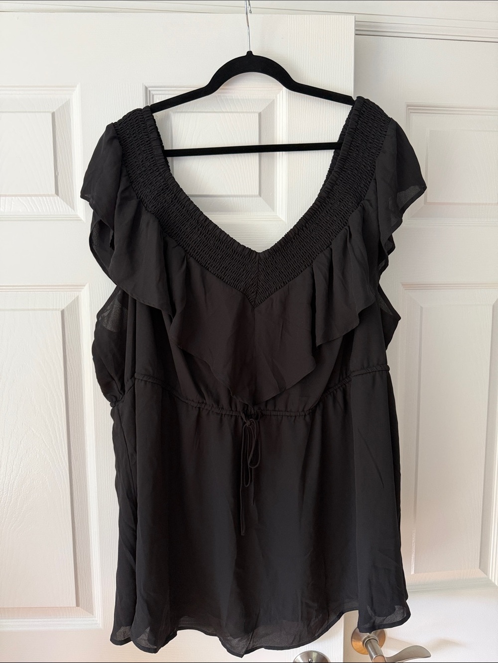 Black V-Neck Ruffle Off the Shoulder Women's Top